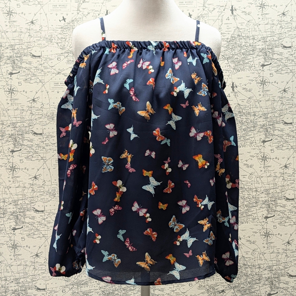 NWT Hint Of Blush Navy Butterfly Print Blouse With Cold Shoulder Size XL